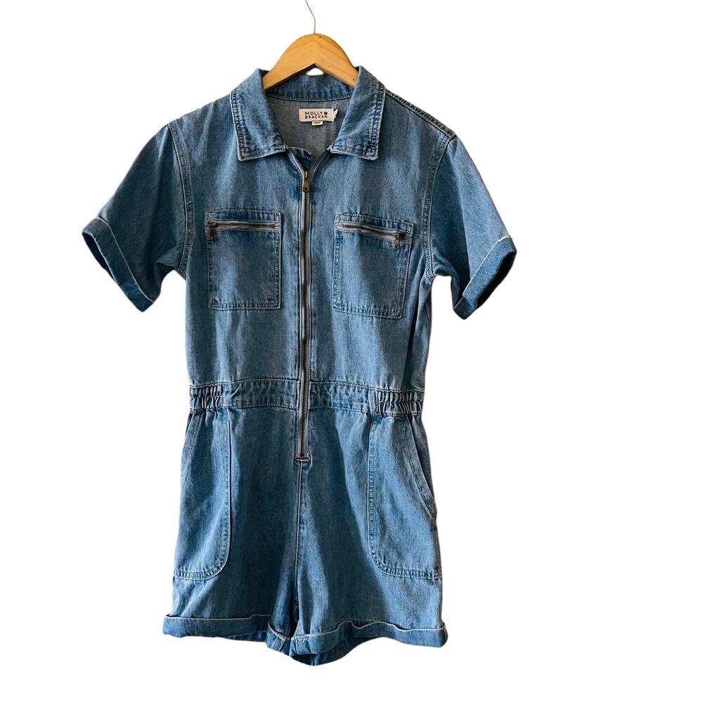 Molly Bracken Jeans Zip Up Romper Overalls Size M Medium Blue - Picture 2 of 10
